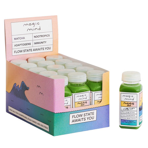 Energy And Focus Drink Shots – Alívio do Estresse, Sem Nervosismo, Ashwagandha, Vitamina B12, Vitamina C, Chá Verde Matcha, Cogumelos Funcionais – 60 ml (15 Pacotes) - Magic Mind