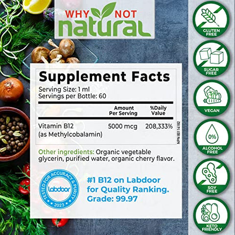 Why Not Natural - Vitamina B12 Líquida Orgânica Natural – Sublingual Extra Forte 60 x 5000 mcg Gotas de Metilcobalamina, Vegana, Máxima Absorção e Energia