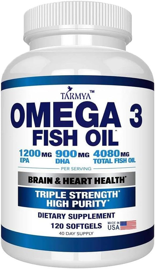 Tarmya - Ômega 3 Óleo de Peixe | 1200mg EPA 900mg DHA | Suplemento para Cérebro e Coração para Homens e Mulheres | Melhores Ácidos Graxos Essenciais | Cápsulas Premium sem Sabor de Peixe (120 Cápsulas)