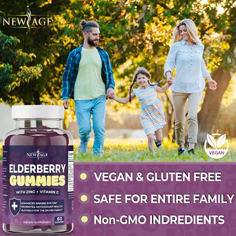 2-Pack) Gomas Premium de Sabugueiro para Adultos e Crianças com Vitamina C, Zinco, Própolis – Extrato de Goma de Sabugueiro Preto Sambucus – Livre de Glúten - NEW AGE