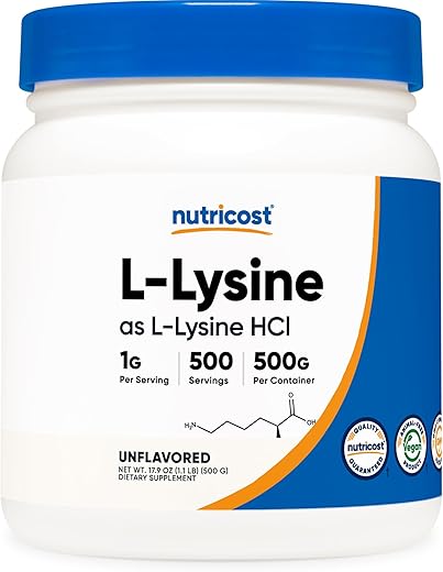 L-Lysine em Pó 500g – Puro L-Lysine, Não-OGM, Livre de Glúten - Nutricost