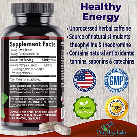 YUMMYVITE - Guarana Natural Energy 1000MG – 200MG de Cafeína Herbal (2 xícaras de café), antioxidantes, Aumenta a Energia, Comprimidos de Cafeína Natural, 90 Comprimidos