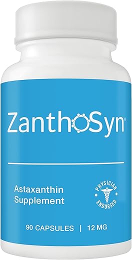 ZanthoSyn - Astaxantina, Triplo Poder (12mg) x Triplo de Bioabsorção (3X Absorção na Corrente Sanguínea), Pureza Superior, Livre de OGM, Livre de Principais Alergênicos, Sem Sabor de Peixe, 90 Cápsulas Vegetais