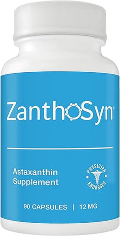 ZanthoSyn - Astaxantina, Triplo Poder (12mg) x Triplo de Bioabsorção (3X Absorção na Corrente Sanguínea), Pureza Superior, Livre de OGM, Livre de Principais Alergênicos, Sem Sabor de Peixe, 90 Cápsulas Vegetais