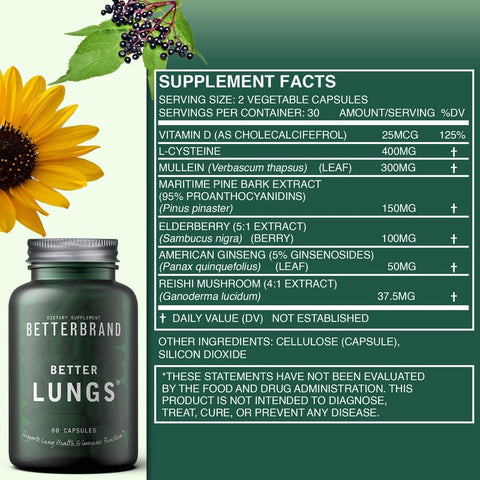 Suplemento diário para saúde respiratória Betterbrand BetterLungs | com Folha de Verbascum, Sabugueiro, Vitamina D, Ginseng e Cogumelo Reishi | Saúde Pulmonar, Alergia, Sinusite e Muco | 60 cápsulas de 500 mg