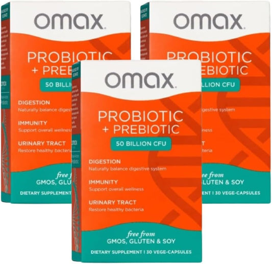 Vegan Probiótico Prebiótico, 50 Bilhões UFC, 10 Cepas Estudadas Clinicamente, Sem Laticínios, Não-OGM, Blister com 90 Cápsulas Vegetais - Omax3