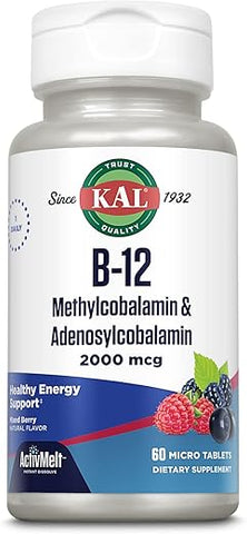 Vitamina B12 Methylcobalamin e Adenosylcobalamin 2000 mcg ActivMelt, Suplemento Energético B12, Metabolismo, Nervos, Suporte às Células Vermelhas do Sangue, Alta Absorção, Natural Berry, 60 comprimidos - KAL