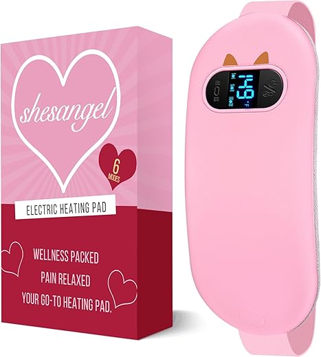 shesangel - Aquecedor Portátil para Cólicas Menstruais: Almofada Térmica Sem Fio Elegível para FSA HSA com 6 Níveis de Calor e 6 Modos de Massagem, Aquecimento Rápido de 3s Presente para Mulheres e Meninas (Rosa)