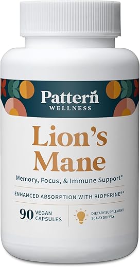 Suplemento Lion’s Mane Pattern Wellness – Cogumelo SuperFood para Saúde Cerebral – Cognitivo