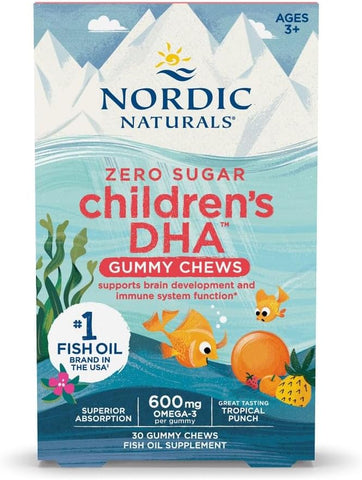 Zero Sugar Gummy Chews DHA Infantil, Sabor Tropical – 30 Gomas – 600 mg Ômega-3 Total – Desenvolvimento Cerebral, Aprendizado, Imunidade Saudável – Não-OGM - Nordic Naturals