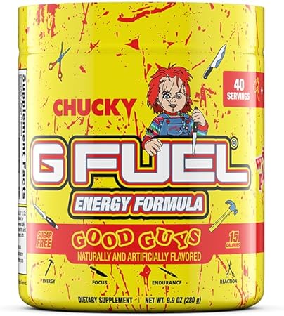 Chucky Good Guys – Pó Energético, Sem Açúcar, Cafeína Limpa, Foco e Suplemento, Mistura para Água, Sabor Laranja Tropical, Aminoácidos de Foco, Vitaminas e Antioxidantes, 280g - G Fuel