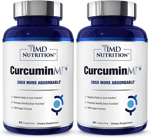 CurcuminMD Plus – Cúrcuma Curcumin com Boswellia Serrata – 285x Mais Absorvível | Rigidez nas Articulações, Recuperação Muscular e Suporte ao Humor | 120 Cápsulas (2-Pack) - 1MD Nutrition