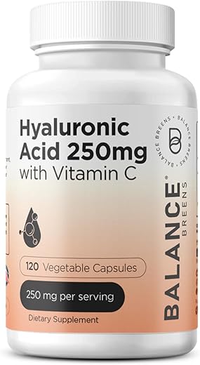 Balancebreens - Suplemento de Ácido Hialurônico Puro 250mg com Vitamina C 50mg – 120 Cápsulas Veganas – Hidratação da Pele para um Brilho Natural – Suplemento Puro de AH com Cabelos, Unhas e Ossos