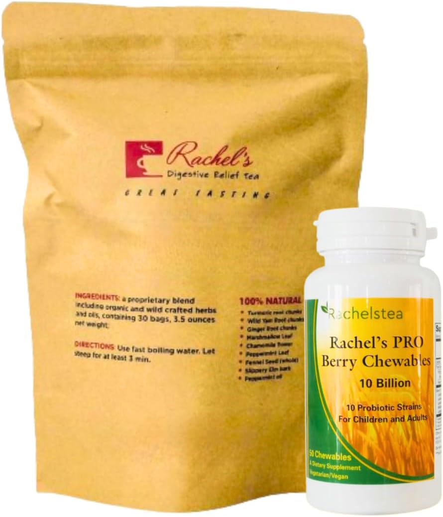 Rachelstea - Chá Rachel’s Turmeric Wild Yam Ginger Marshmallow Camomila, Hortelã-Pimenta, Funcho Slippery Elm Probióticos Sabor de Frutas Mastigável Amigável para Crianças 10 Bilhões Resistente ao Ácido