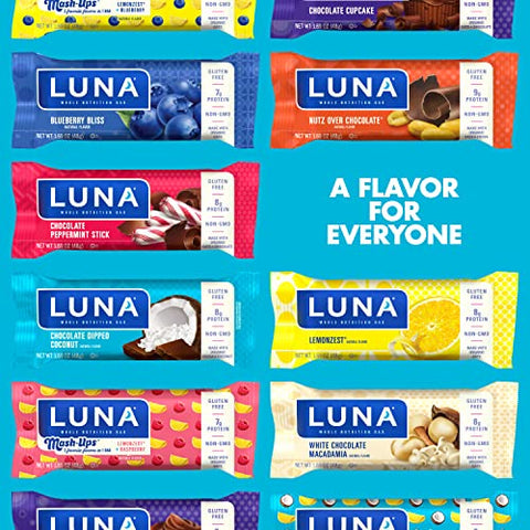 Clif Bar - LUNA BAR – Barras de Lanche sem Glúten – Sabor Coco com Chocolate – 8g de Proteína – Não-OGM – Lanche Saudável à Base de Plantas – Snacks para Levar (Barras de Lanche de 48g, 15 Unidades)