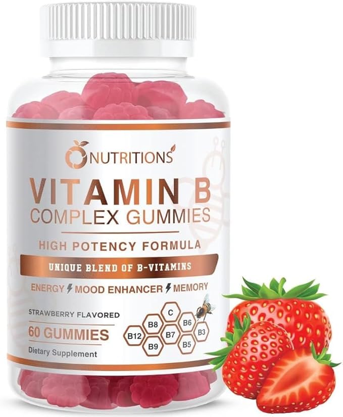 Gomas Veganas de Complexo de Vitaminas B com Vitamina B12, B7 como Biotina, B6, B3 como Niacina, B5, B8, B9 como Ácido Fólico para Estresse, Energia e Sistema Imunológico Saudável (1 Pacote) - O NUTRITIONS
