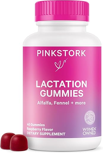 Gomas de Suplemento de Lactação – Suporte ao Suprimento de Leite Materno com Cardo de Leite, Alfafa, Vitamina D e B12, Recuperação Pós-Parto, Essenciais para Amamentação – Framboesa - Pink Stork