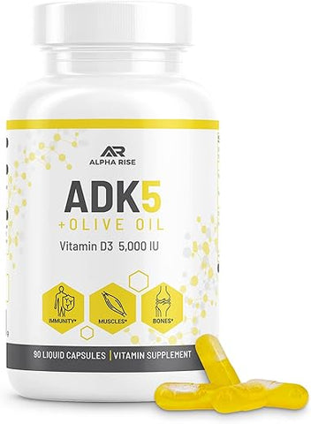 ALPHA RISE - ADK Suplemento de Vitamina em Óleo de Oliva para Melhor Absorção | ADK 5 Suplemento com Vitamina A D e K | 5000 UI de Vitamina D3 K2 (MK7 MK4) | 90 Cápsulas Líquidas | Vegetariano |