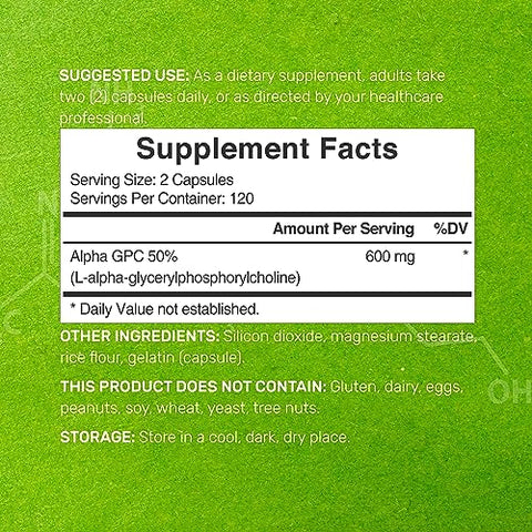 Alpha GPC 600mg por Porção, 240 Cápsulas – Reposição de Colina Bioativa – Suplementos para Saúde Cerebral, Memória e Concentração – Livre de Transgênicos e Glúten - DEAL SUPPLEMENT
