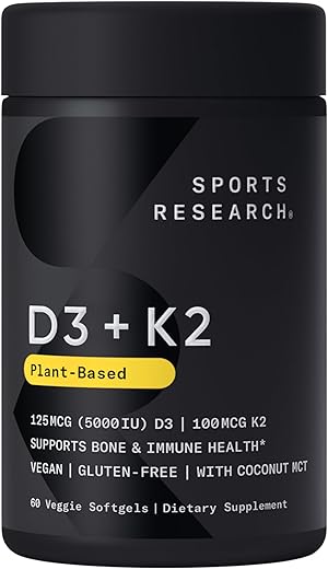 Sports Research - Vitamina D3 K2 com Óleo de Coco | Vitamina K2 MK7 Vegana D3 5000iu | Certificado Vegano, Sem Soja |