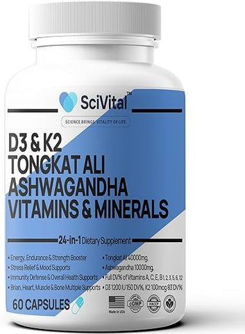 SciVital - Ashwagandha 10000mg Tongkat Ali 40000mg – Suplemento com Multivitamina D3 K2 para a Saúde Masculina