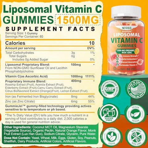 NEVISS - Vitamina C Lipossomal 1000mg Gomas para Adultos – Mastigável de Vitamina C 1500mg com Ferro 8mg, Zinco