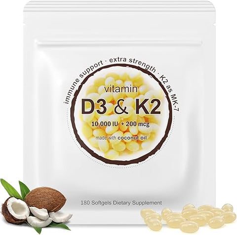 LETSCOL - Suplemento Softgel Vitamina D3 K2 2 em 1, Vitamina D3 10000 UI e Vitamina K2 200 mcg, K2 MK7 com Suporte de Vitamina D3 para Imunidade, Coração, Articulações e Dentes