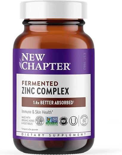New Chapter - Novo Capítulo Suplemento de Zinco, Complexo de Zinco Fermentado, Diário para Suporte Imunológico e Saúde da Pele, Ingredientes Não-OGM, Fácil de Engolir