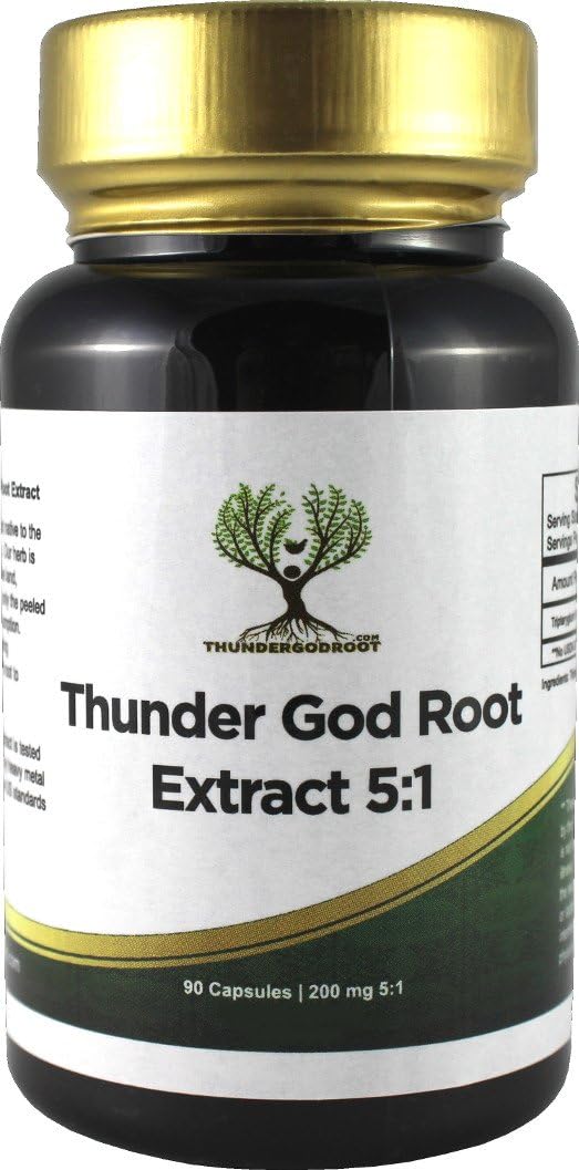 ThunderGodRoot.com - Raiz de Thunder God Vine 5:1 – Suplemento Herbal Tripterygium Wilfordii – Cápsulas de 200mg com Extrato de Lei Gong Teng – Extrato de Thunder God Vine com Triptolide – 90 Cápsulas