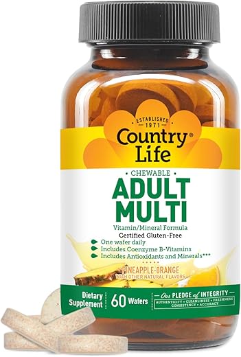 Multivitamínico Mastigável para Adultos Country Life com Coenzima B-Vitaminas, Antioxidantes, Minerais, Sabor Abacaxi-Laranja – Suporta Metabolismo Energético e Saúde Imunológica, Livre de Glúten – 60 comprimidos