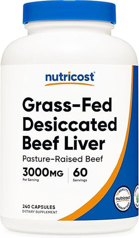 Cápsulas de Fígado Bovino Desidratado 3000mg (750mg por Cápsula) – Sem Hormônios, Não-OGM, Livre de Glúten, Bovinos Criados em Pasto, Livres (240 Unidades) - Nutricost