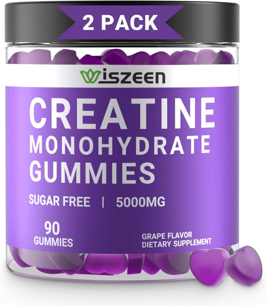 Wiszeen - Gomas de Creatina Monohidratada 5000mg para Homens e Mulheres, Gomas de Creatina Monohidratada Sem Açúcar com L-Taurina, Betaína Anidra, Alpha GPC, Vitamina B12