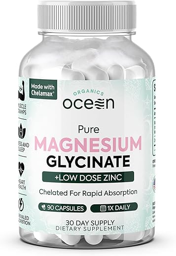 Organics Ocean - Magnésio Glicinato Puro com Zinco – Suplemento de Magnésio Quelato de Força Máxima para Mulheres e Homens para Cãibras Musculares e Suporte ao Sono – 90 Cápsulas