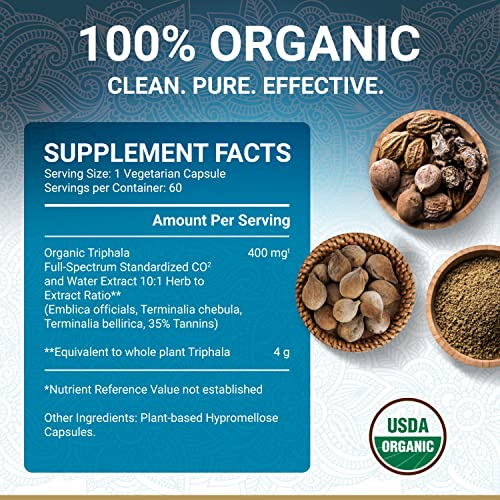 True Veda - Triphala Capsules Orgânicas Certificadas pelo USDA | Comprimidos Veganos de Triphala | Suplemento Herbal Natural de Triphala Guggulu | Potência de Extrato de Fusão Natural | Ayurveda | 60 Cápsulas