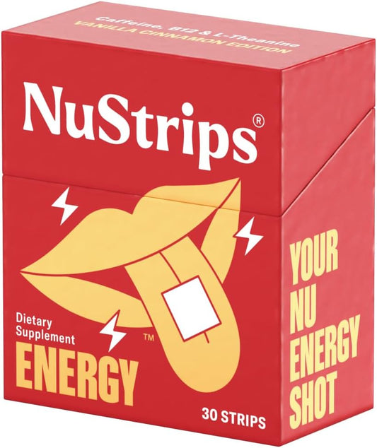 NuStrips - Energia Natural | Tiras Energéticas Instantâneas com 50mg de Cafeína, L-Teanina, Vitamina B12 | 30 Tiras Energéticas = 30 Bebidas Energéticas | Absorção 5X Mais Rápida (Canela Baunilha)