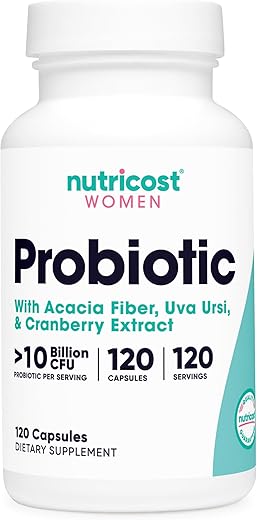 Probiótico para Mulheres 10 Bilhões UFC, 120 Cápsulas – Complexo com Fibra de Acácia, Uva Ursi | Probiótico Nutricost para Mulheres - Nutricost