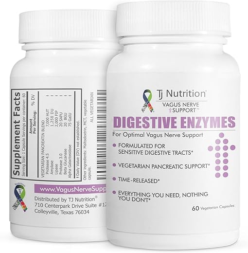TJ Nutrition - Enzimas Digestivas para Estômagos Sensíveis – Suporte ao Nervo Vago, Suporte Pancreático Vegetariano, Fórmula de Liberação Controlada para Saúde Intestinal Ótima, Aumenta a Digestão de Alimentos