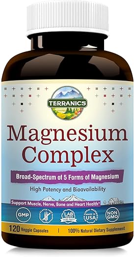 Complexo de Magnésio 500mg, 120 Cápsulas Vegetais, Glicinato, Citrato, Malato, Aspartato, Gluconato, Melhor Absorção, Sono, Saúde Muscular e Cardíaca, Vegano, Não-OGM - Terranics