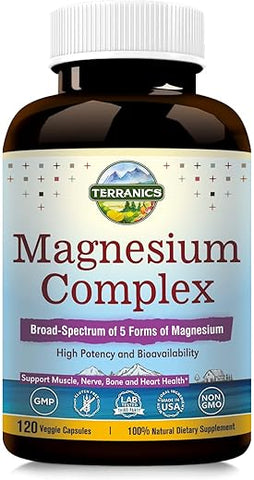 Complexo de Magnésio 500mg, 120 Cápsulas Vegetais, Glicinato, Citrato, Malato, Aspartato, Gluconato, Melhor Absorção, Sono, Saúde Muscular e Cardíaca, Vegano, Não-OGM - Terranics