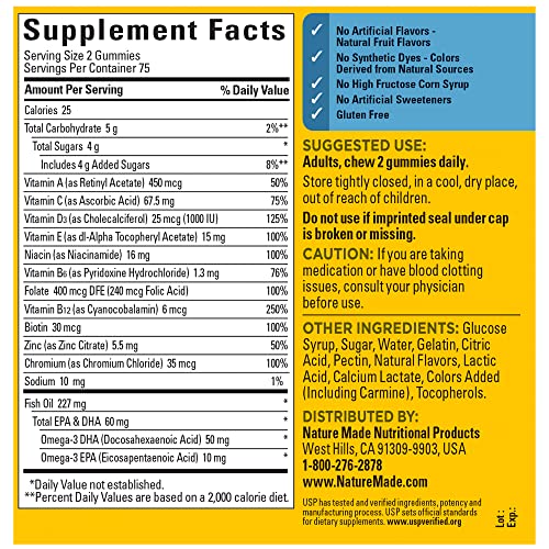 Multivitamínico para Homens com Ômega-3, Vitaminas Masculinas para Suporte Nutricional Diário, Multivitamínico para Homens, 150 Gomas de Vitaminas e Minerais, Suprimento de 75 Dias - Nature Made