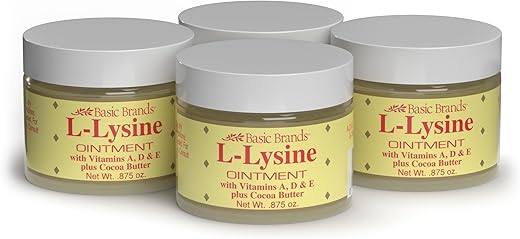 Basic Brands - Pomada de L-Lisina – 25g – Tratamento de Feridas e Alívio de Bolhas de Herpes Labial – Suaviza os Lábios – Kit com 4 Unidades