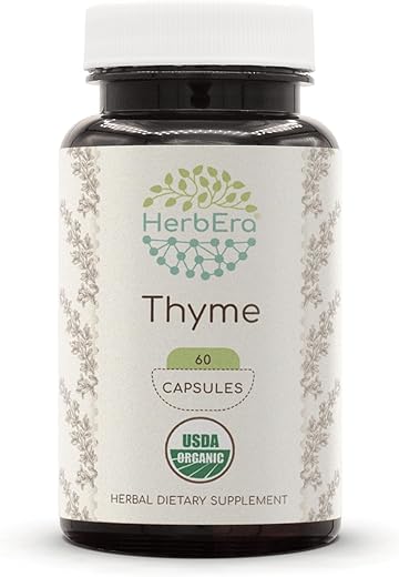 HerbEra - Thyme Orgânico USDA 60 Cápsulas | Suplemento Herbal Natural | Cápsulas Vegetarianas Certificadas Orgânicas e Folha Seca de Tomilho Orgânico (Thymus Vulgaris) (60 Cápsulas)