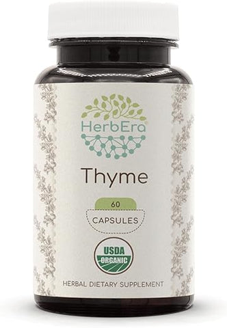 HerbEra - Thyme Orgânico USDA 60 Cápsulas | Suplemento Herbal Natural | Cápsulas Vegetarianas Certificadas Orgânicas e Folha Seca de Tomilho Orgânico (Thymus Vulgaris) (60 Cápsulas)