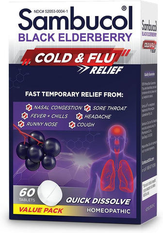 Alívio de Resfriado e Gripe – Medicamento Homeopático para Resfriado, Remédio para Adultos, Sabugueiro Negro para Resfriados, Remédio para Gripe com Zinco – 60 Comprimidos - Sambucol