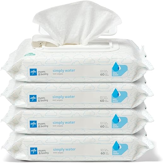 Simply Water Lenços Umedecidos para Bebês, Solução de 99%% de Água, Tecido de Fibra de Bambu 100%% Vegetal, 60 Unidades (Pacote com 4) - Medline