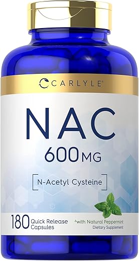 NAC N-Acetil Cisteína 600mg | 180 Cápsulas | com Hortelã-Pimenta | Suplemento em Forma Livre | Não-OGM, Sem Glúten | Carlyle - Carlyle