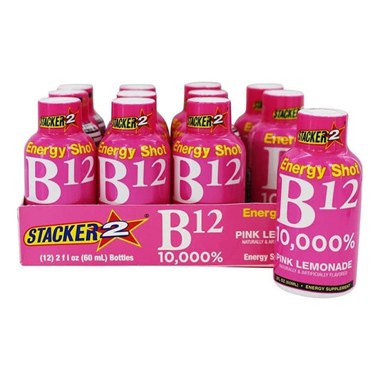 STACKER 2 - Stacker 2 Pink Lemonade B12 Energy Shot – 12 Unidades de 2oz (59ml) – Energético com Vitamina B12