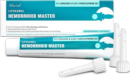 Pomada para Tratamento de Hemorroidas, 45g, Anestésico com Lidocaína para Fissuras Anais, Alívio da Dor, Queimação, Coceira, Inchaço e Sangramento com Fenilefrina, Hidrocortisona, Aloe Vera - Ebanel