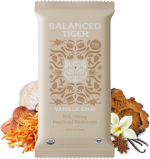 Balanced Tiger - Barras de Proteína Orgânica de Cogumelo Funcional | Full Dose (1500mg) Leão da Montanha, Chaga, Reishi | 100% Natural