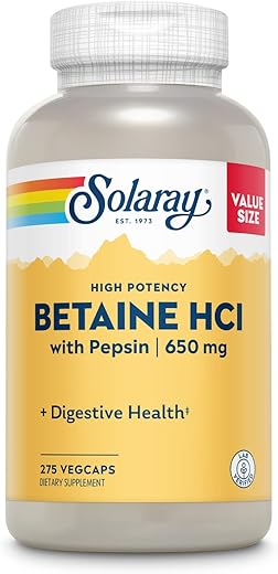 Betaine HCL com Pepsina, Fórmula de Ácido Clorídrico de Alta Potência, Suplemento para Digestão Saudável, Enzimas Digestivas para Suporte à Saúde Intestinal, Garantia de 60 Dias (275 Porções, 275g) - SOLARAY